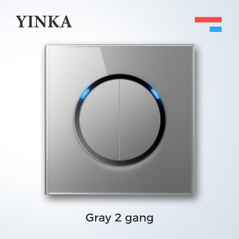 YINKA Universal Round Tempered Glass Home Wall Switch Panel LED Indicator Black/Grey/Gold/White 250V 86mm*86mm Wall Light Switch 3