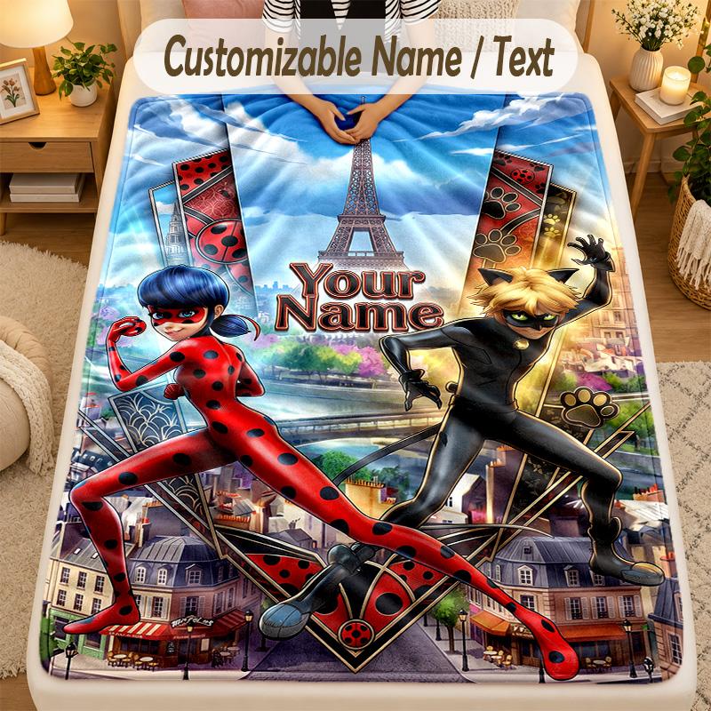 Flannel BlanketMiraculous Ladybug Custom Name Text Personalized Soft Warm Throw Blanket Home Decor Gift
