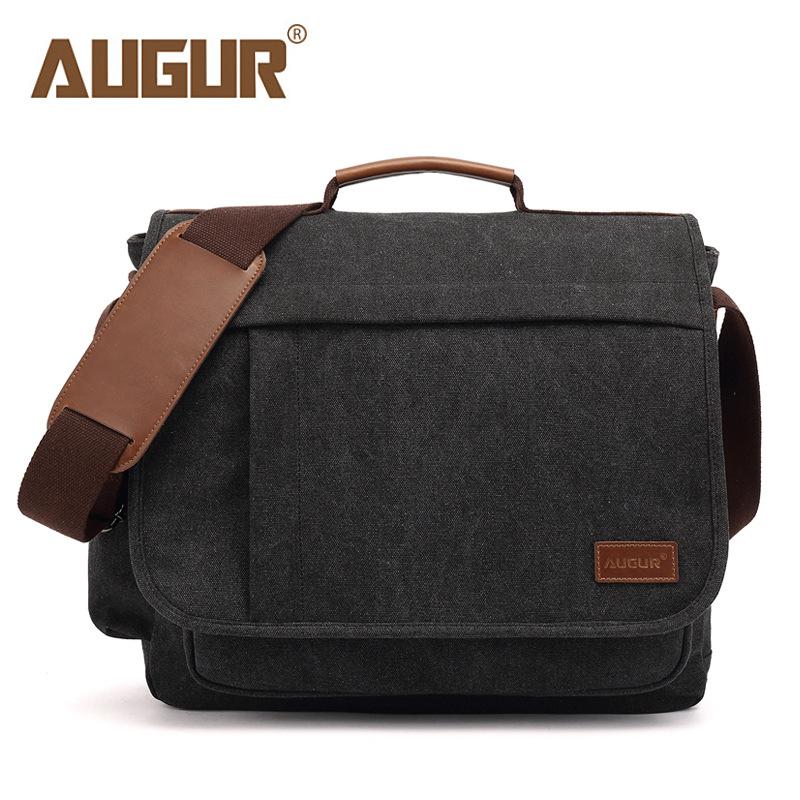 AUGUR Классическая однотонная мужская сумка-мессенджер из ретро-холста, деловая сумка, в которую можно положить ноутбук, практичная многофункциональная сумка через плечо с отверстием для наушников