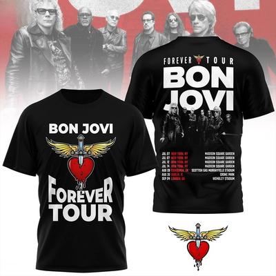 Футболка Bon Jovi Forever Tour 2026 Лето Новая Унисекс Женская Унисекс Оверсайз Круглый Вырез Хлопок Y2k Графическая Футболка Рок-Группы Подарок Фаната