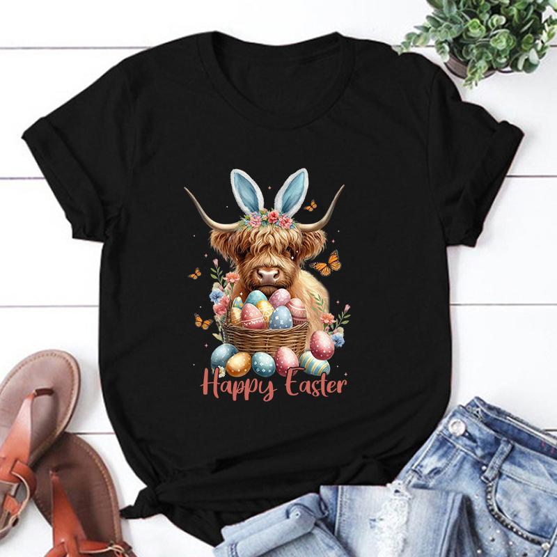 Hot Easter Day Unisex Short Sleeve Cow Happy Easter Print T Shirts Women Causal Harajuku Tops Funny T Shirt