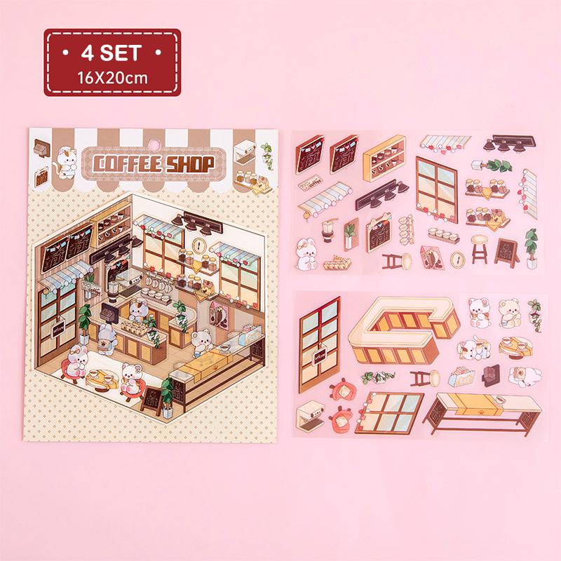 4 Набора Мультяшные Кавайные Миниатюрные Сцены Визуальные Наклейки для Складывания Миниатюрные 3D Наклейки со Сценами Пейзажей Наклейки для Рукоделия