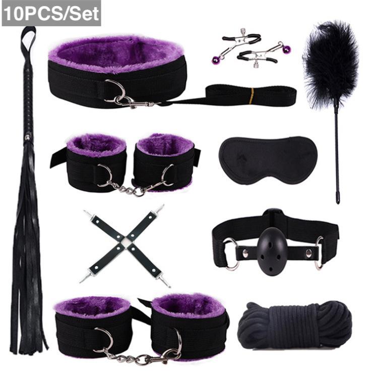 10PCS Bed Restraints Sex Toy Kits Handcuffs 18+ Adult Sex Game Sexy Suit Nipple Clipper Mouth Gag Whip Sex Feather Soft SM