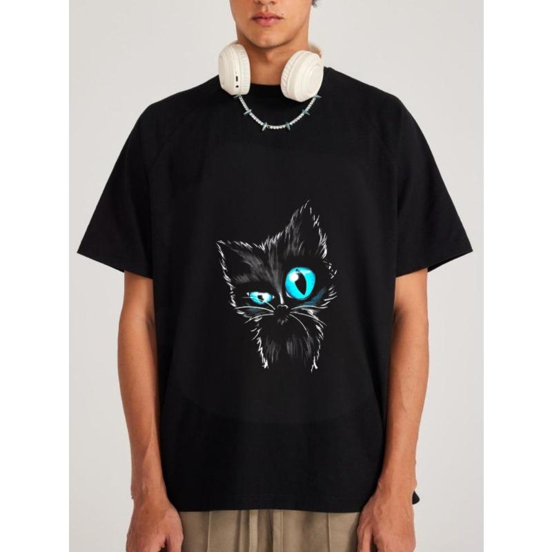 White T-Shirt with Cat Face Print for Casual Wear