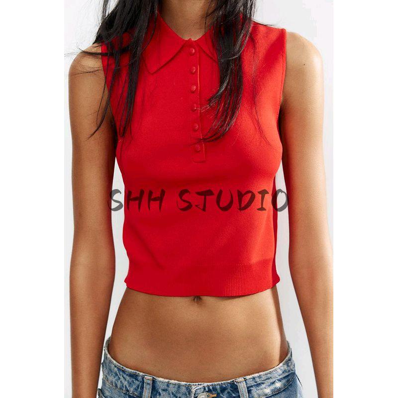 Spring and Summer New Women's Clothing Button Decoration Minimalist All-Matching Lapel Sleeveless Knitting Vest Short Top 9598026