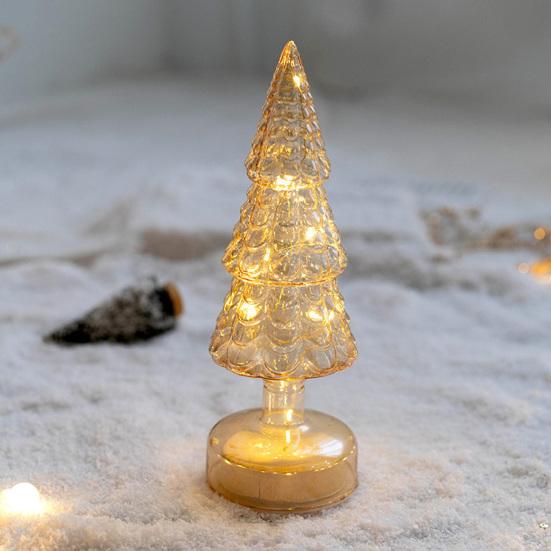 Glass Christmas Tree Figurine Tabletop Tree Ornament with LED Lights Holiday Decor Light Up Tree Cone for Home Office Parties Table Centerpiece