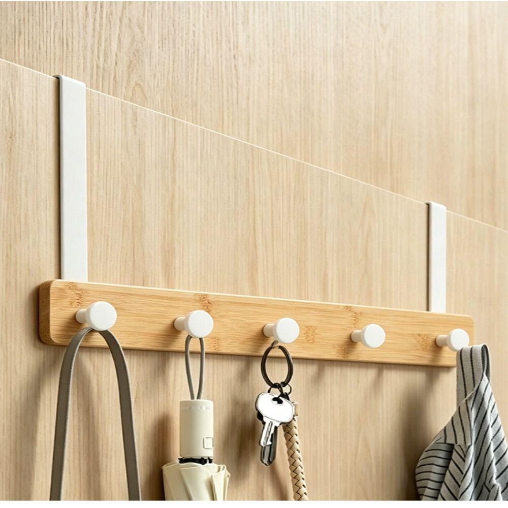 Natural Bamboo Over The Door Hooks Matte Metal Brackets Hat Hanger Clothes Rack Kitchen Storage