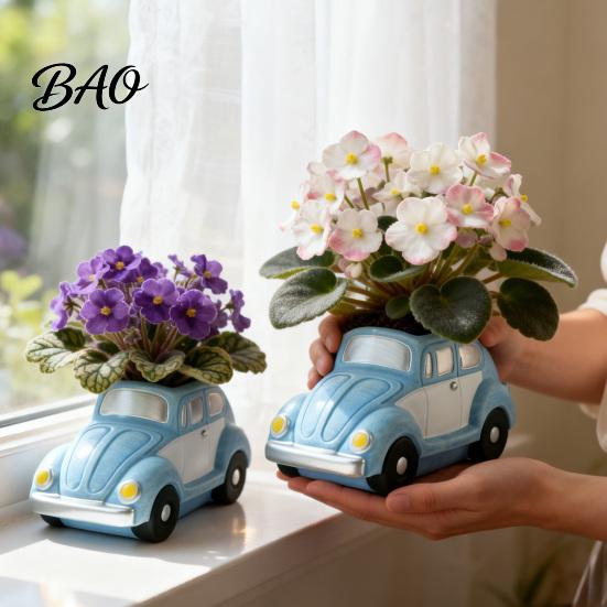 Outdoor Garden Pot Retro Beetle Car Succulents Planter, Large Capacity Auto Shaped Plant with Aged Handmade Glazed Flowerpot Glaze Blue White Finish,