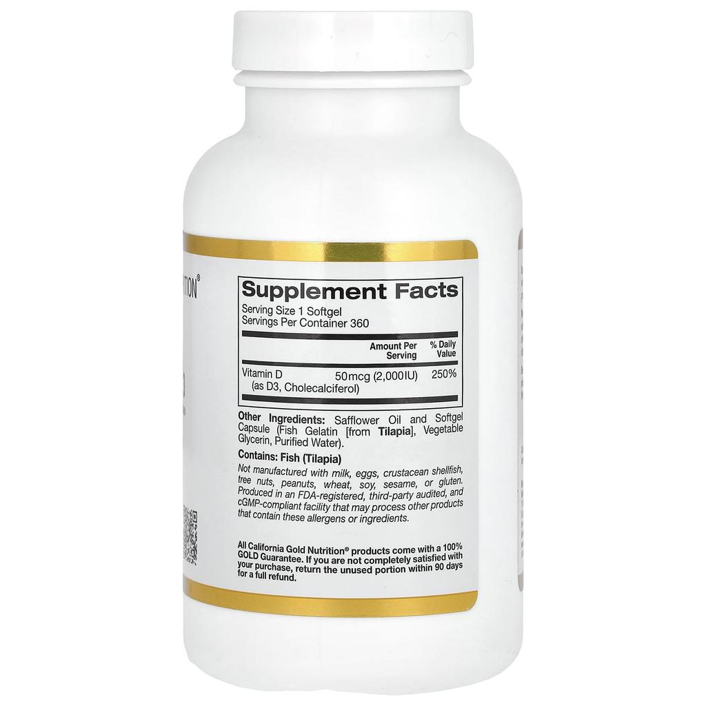 California Gold Nutrition, Витамин D3, 50 мкг (2000 МЕ), 360 капсул из рыбного желатина