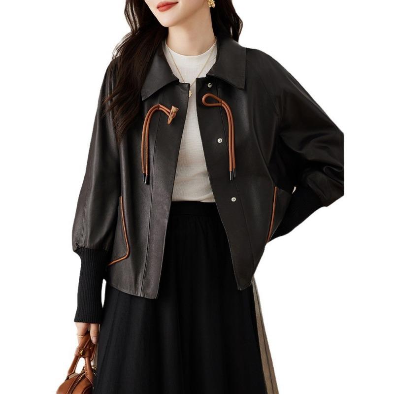 Весна и осень Новый стиль Национальный стиль Натуральная кожаная куртка Женская свободная овчинная куртка Модная черная куртка с короткими лацканами