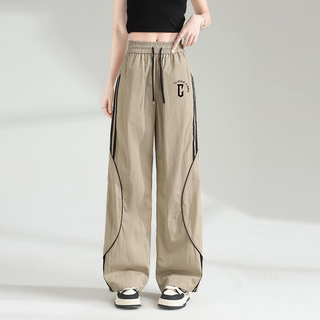 2025 Spring/Summer Splicing Fashion Printed Two Bar American Street Pattern Sports Pants Ice Silk Thin Pants