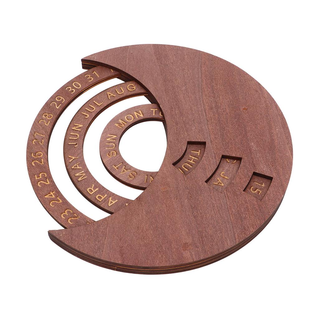 Wooden Disc Calendar Dark Brown Rotatable Disc Natural Wood Vintage Style Wooden Perpetual Calendar