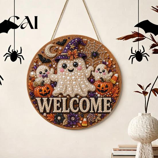Faux Pearl Painting Arts Halloween Door Sign Kit, Ghost Skull Skeleton Cat Welcome Handmade Decoration Crafts for Wall