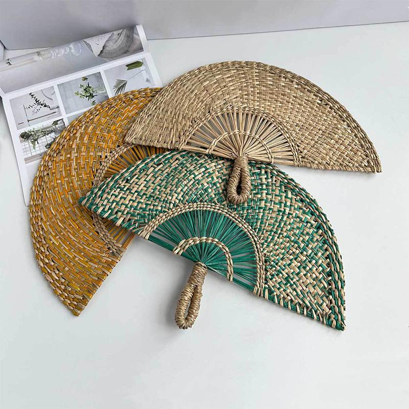 Hand-Woven Straw Fan Decorative Handmade Semicircular Woven Fan Summer Cooling Fan Handheld Fan Gift Home Decor