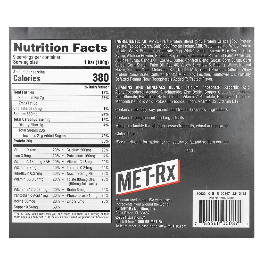 MET-Rx Big 100, Meal Replacement Bar, Fruity Cereal Crunch, 9 Bars, 100 G (3.52 Oz) Each