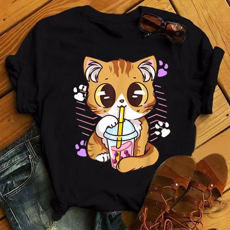 Kawaii футболка с принтом чая с молоком, женская модная футболка, повседневные топы, женские женские футболки с короткими рукавами 90-х годов, милая футболка с рисунком