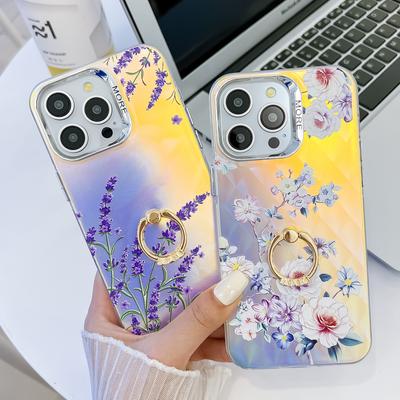 Чехол для телефона IPhone 16 ProMax для Apple 15 с держателем-кольцом, гальванизированный, с лазерным цветком, защитная крышка
