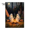 Whimsical Forest Painting Vintage Cute Ghost Canvas Wall Art, Spooky 2 Ghosts Campfire Sophisticated Room Murals Hanging Poster, Gothic Halloween