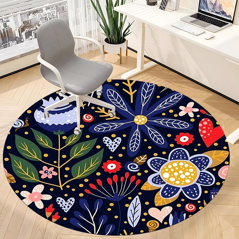 1PC Floral Whimsical Office Round Area Rug, Mat Suitable For Office, Under Office Chairs Bedroom Living Room Home Decor, Room Deco