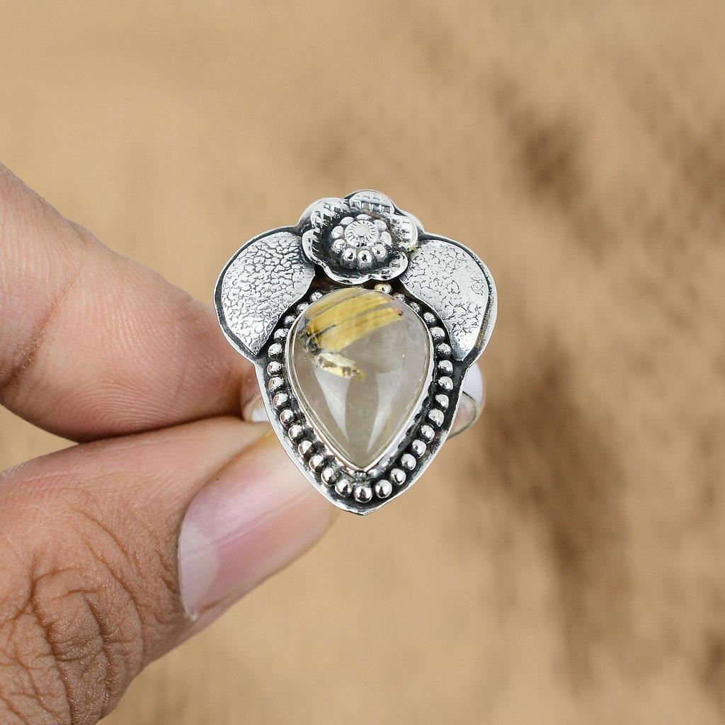 Pear Golden Rutile Stone Promise Birthday Unique Flower Wedding Ring 925 Silver