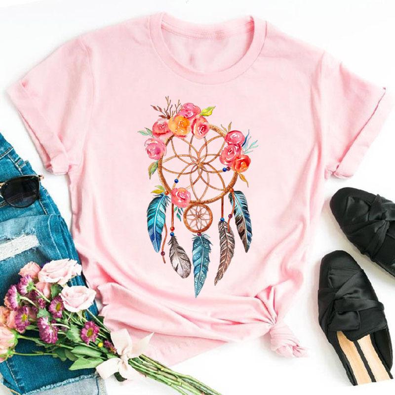 Женская футболка Harajuku, топы с цветочным принтом из перьев, женская черная футболка, женские милые футболки с рисунком, женские повседневные топы, футболка