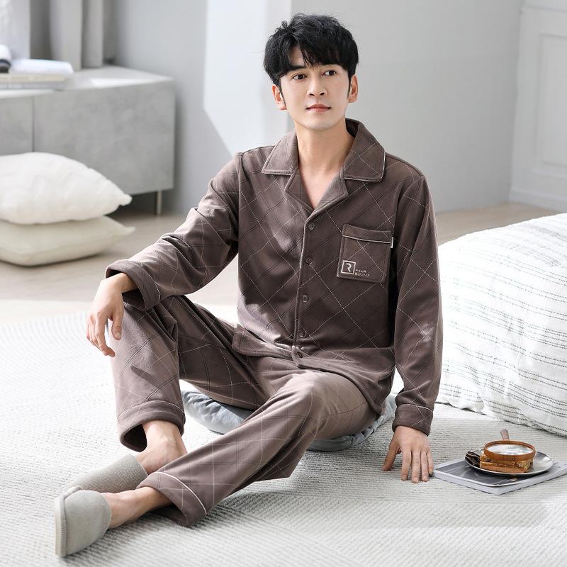Пижама мужская осенне-зимняя из островного флиса, тонкая, с длинным рукавом, из кораллового флиса, домашняя одежда, для папы среднего возраста, большого размера, костюм