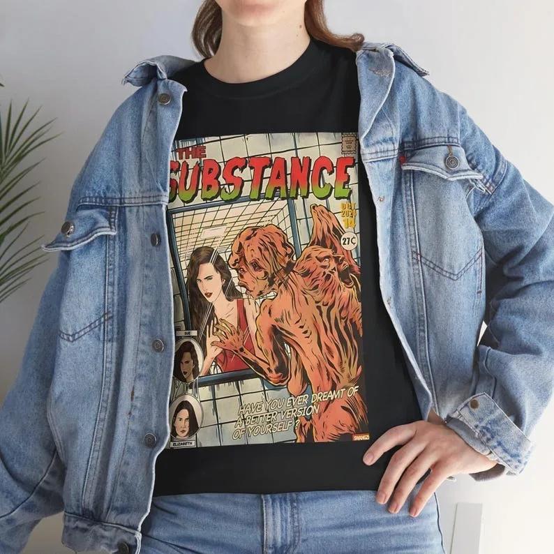 The Substance Tshirt Creepy Graphic Tee Scary Film Fan Gift Halloween Theme Shirt Classic Cult Movie Top