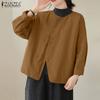 Women Casual Round Neck Solid Color 3/4 Sleeve Loose Blouse