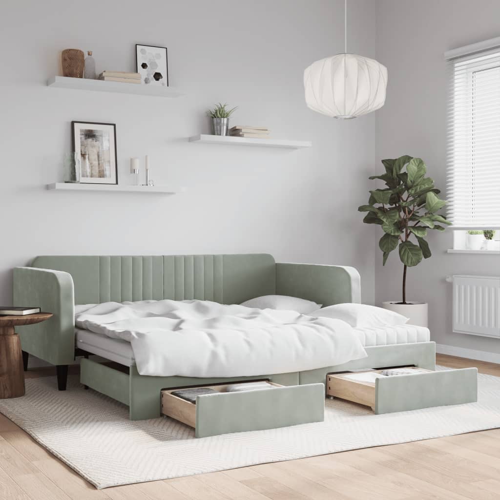 Extendable Daybed with Drawers Light Grey 90x190 cm Velvet