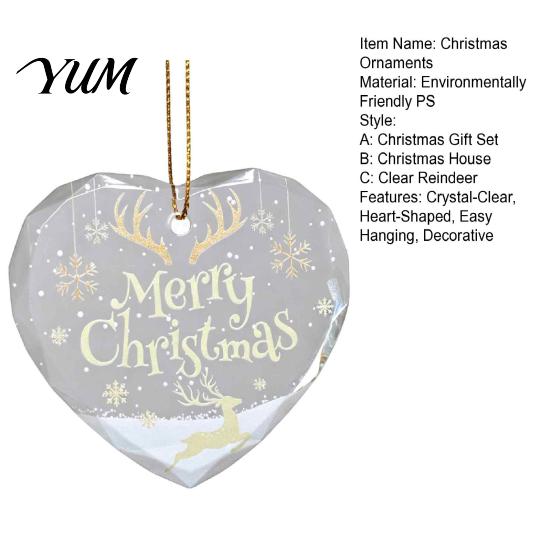 Holiday Romantic Space Decorations Heart Shaped Christmas Ornaments, Crystal Santa Winter Scene Hanging Ornament, Transparent Clear Plastic Ornaments