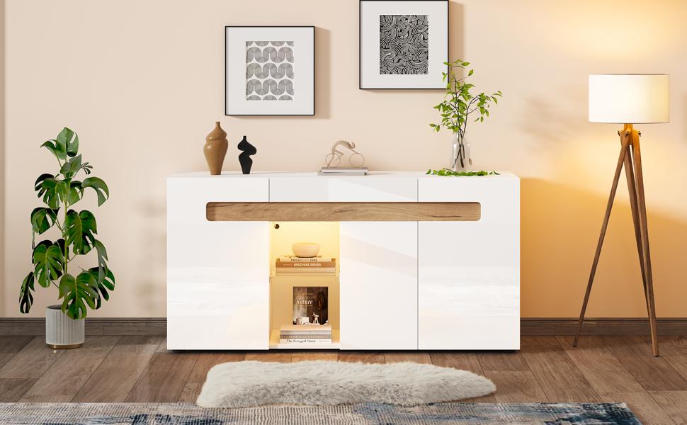 Modern 3-Door Sideboard, LED Light Control, App Control, 140x40x70 cm High-Gloss Living Room Furniture, White with Glass Shelf, Storage Cabinet