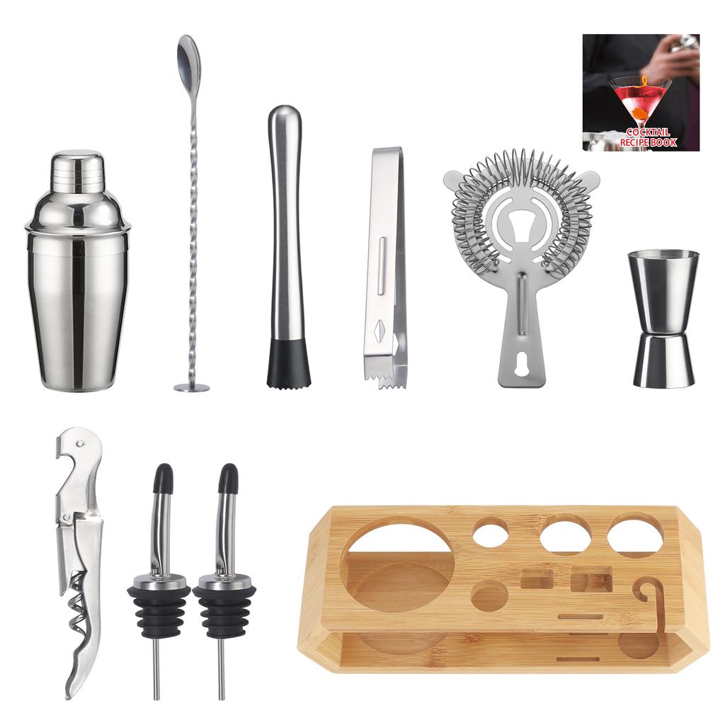 Stainless Steel Rhombus Bamboo Frame Shaker Set Bar Shaker Set 10-Piece Cocktail Shaker Set