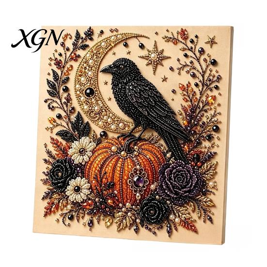 Handmade Gift for Craft Enthusiasts 2Pcs Halloween Faux Pearl Art, Ghost Pumpkin Witch Crow Painting DIY Sparkling Bead Set Kit, 3D Skull