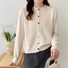 Темперамент элегантный круглый вырез длинный рукав мягкий восковой трикотажный кардиган женский осень и зима новый цвет однобортный свитер куртка