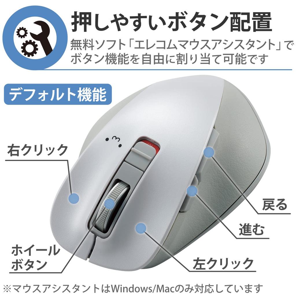 ELECOM Wireless Mouse Bluetooth Medium EX-G, Ultra-Silent Grip, 5-Button, Multi-Pairing, Size, White, M-XGM15BBSWF/EC
