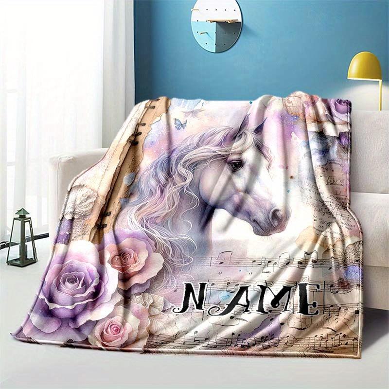 Flowers And Beautiful Horse Customize Your Name Blanket Used For Chair Office Sofa Bed Camping Soft And Warm Giving Friends And Relatives Birthday