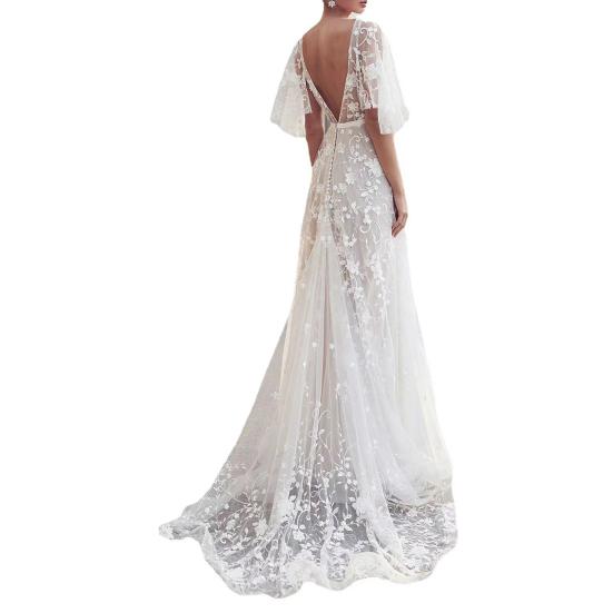 Lace Flared Sleeve Wedding Dress for Bride Deep V Neck Open Back Bridal Ball Gown Boho Beach Swing Dress