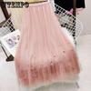 Heavy Beaded Women's Net Skirt High Waist Half Body Skirt Temperament Fairy Pleated Skirt Medium Length A Word Skirts