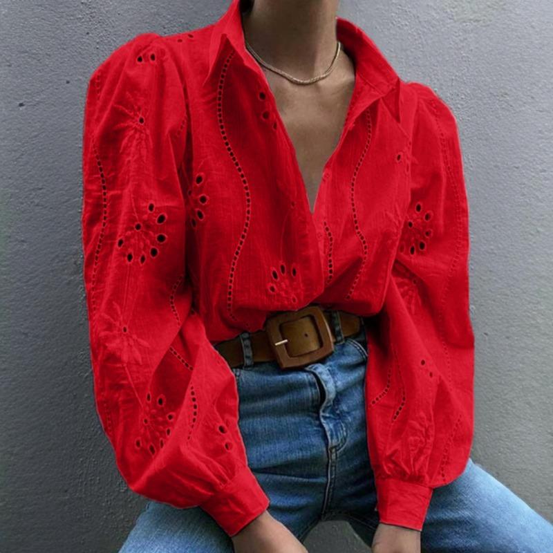 Elegant Loose Fashion Lace Women Shirt Casual Hollow Out Puff Long Sleeve Top Single-breasted Office Blouse Solid Sweet Simple Lapel Women's Clothing