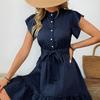 Summer Women Dress High Waist A-Line Dot Print Short Sleeve Lace Up O-Neck Lotus Leaf Midi Dress Sizes S-XL