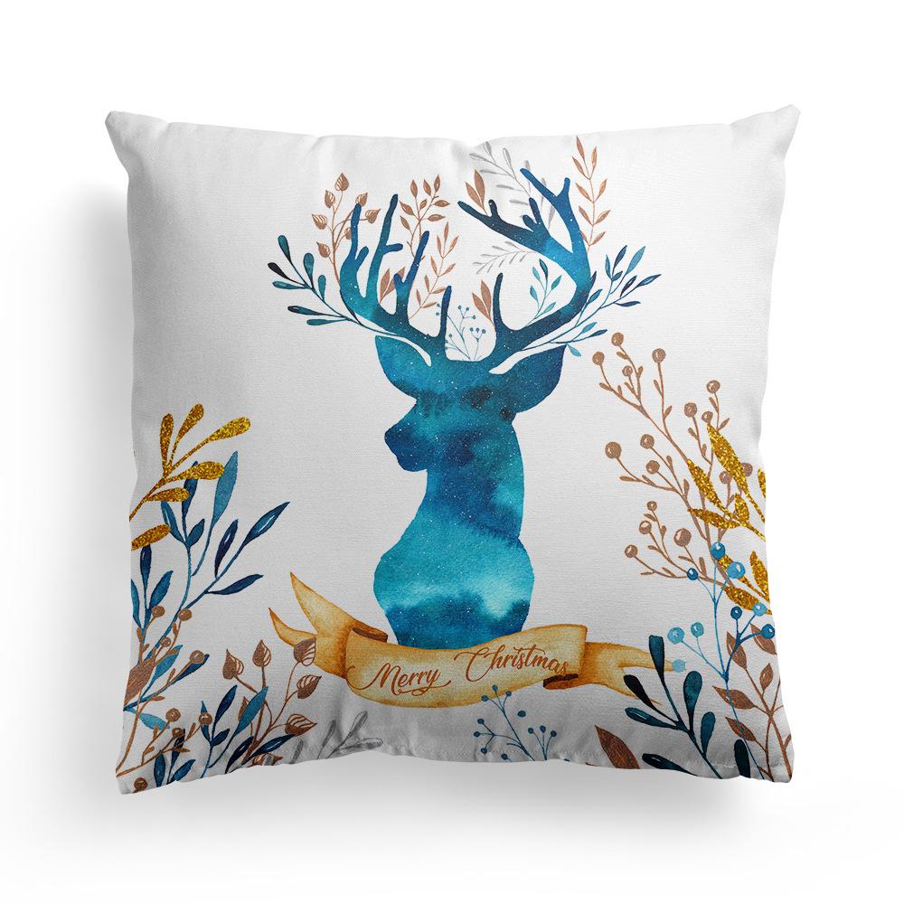 New Christmas Blue Watercolor Elk Pillow Cover  Decoration Holiday Gift Sofa Cushion  Bedroom Room Home