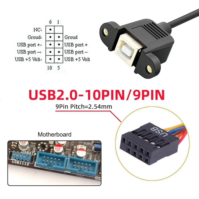 Cablecc USB 2.0 9 pin 10 pin motherboard Header to USB standard type B female extension cable with nut for panel mounting