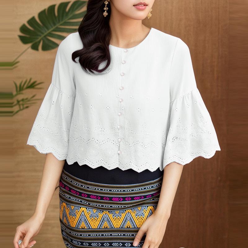 ZANZEA Женская повседневная блузка с круглым вырезом и рукавом 3/4 с вышивкой