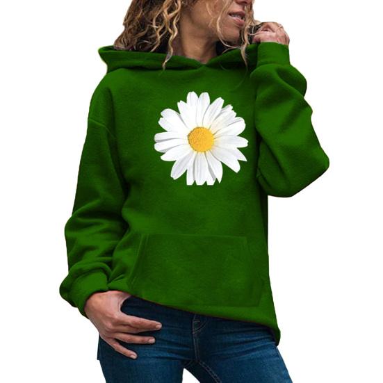 Autumn Spring Hoodie with Big Front Pocket Flower Printing Long Sleeve with Elastic Cuffs Pullover Thic Hooded Sweatshirt Daily Wear Sport Top