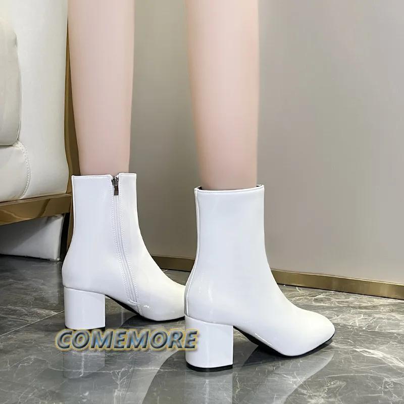 2024 Новые женские удобные ботильоны на среднем каблуке с боковой молнией, модная обувь, черные, белые, классические, элегантные, женские ботинки на квадратном каблуке