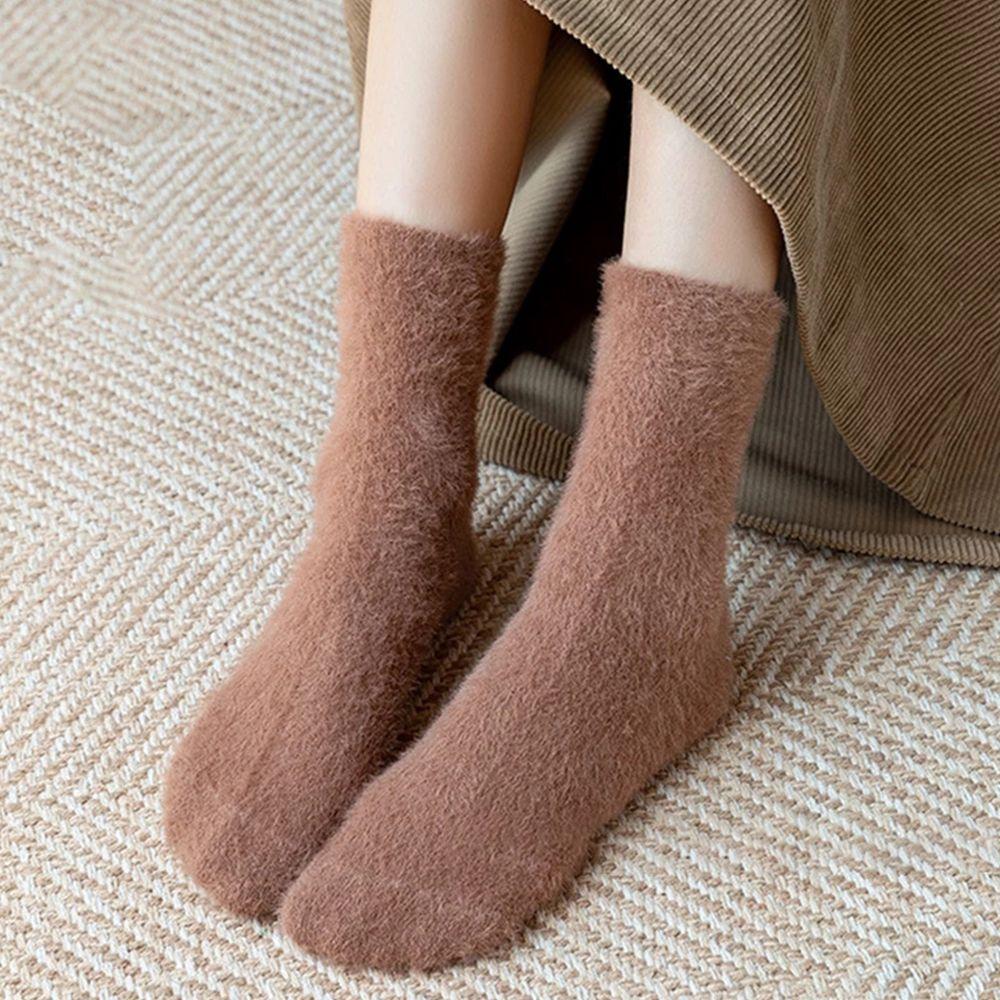 Style Solid Color Student Breathable Women Socks Floor Socks Mid-Tube Hosiery Mink fur Fleece Socks