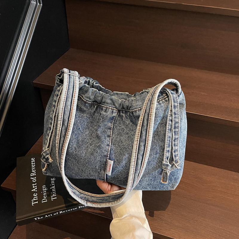 Casual Denim Crossbody Bag For Women With Drawstring Switch And Soft Material For Daily Wear