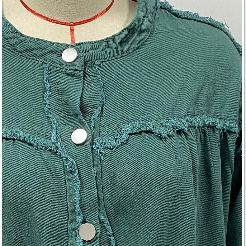 Женская персонализированная уличная джинсовая куртка с рюшами и рукавами-фонариками больших размеров, потертая цветная джинсовая куртка с необработанными краями