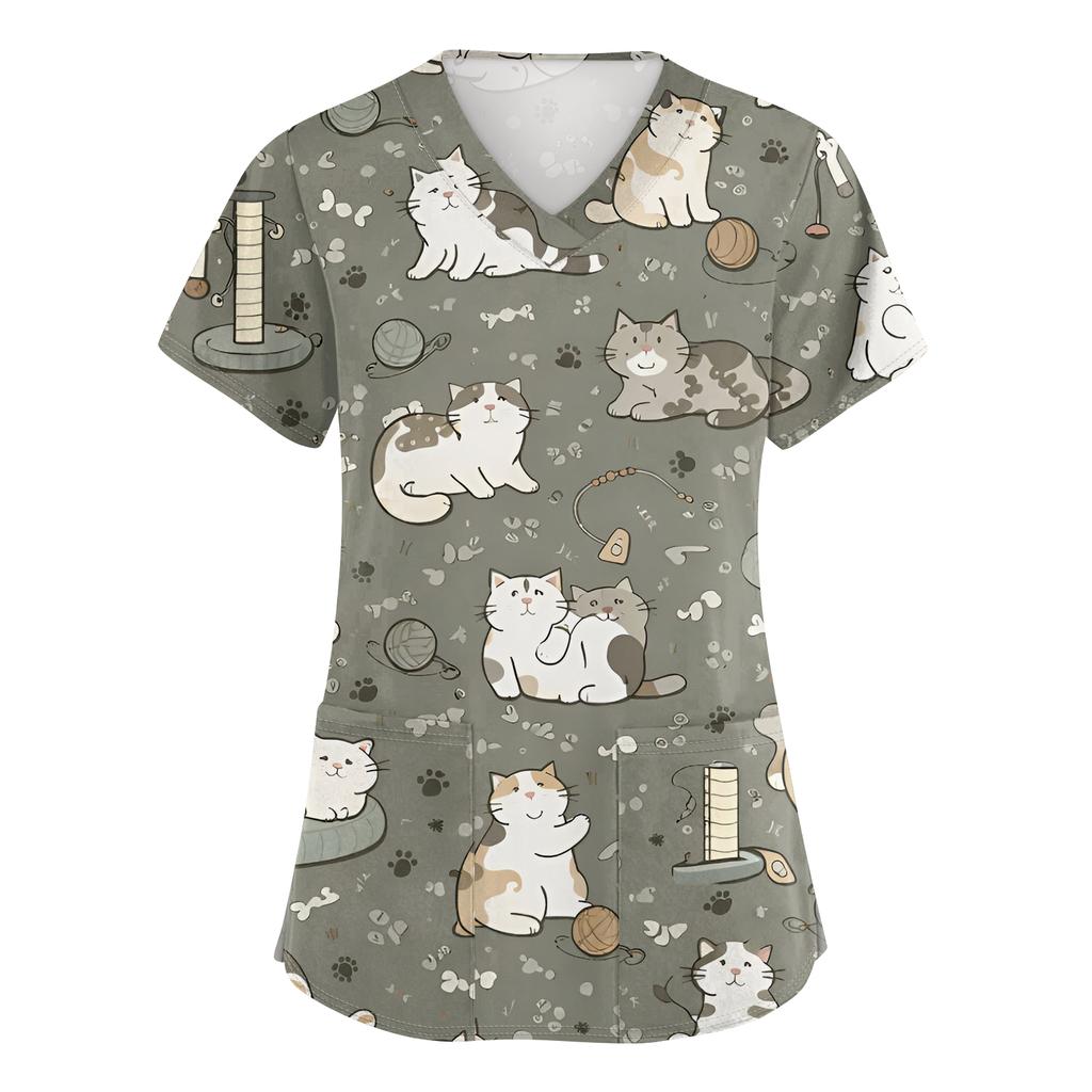 Women's Casual Short-Sleeve Cute Animal Print V-Neck Pocket Top