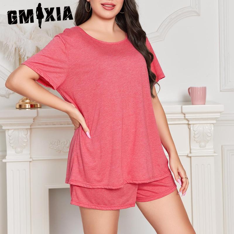 GMXIA Пижама женская летняя большого размера, однотонная, свободная, повседневная, с короткими рукавами и шортами, двухпредметный домашний костюм